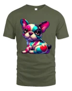 Colorful French Bulldog Pop Art T Shirt - military green t-shirt on white background
