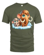 Cute Woolly Mammoth And Baby Cartoon T Shirt - military green t-shirt on white background