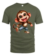 Happy Dancing Monkey Cartoon Graphic T Shirt - military green t-shirt on white background