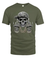 Bling Skull Street Style Graphic T Shirt - military green t-shirt on white background