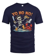 Yo Ho No Funny Pirate Skeleton T Shirt - navy t-shirt on white background