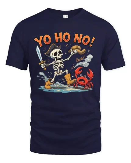 Yo Ho No Funny Pirate Skeleton T Shirt - navy t-shirt on white background
