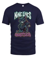 Nine Lives Hustler Cool Cat Graphic T Shirt - navy t-shirt on white background