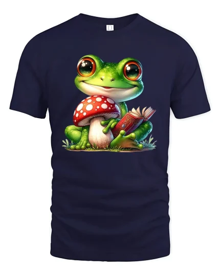 Cute Reading Frog And Mushroom T Shirt - navy t-shirt on white background