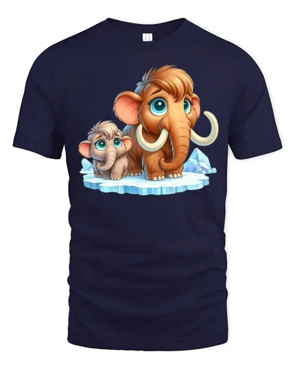 Cute Woolly Mammoth And Baby Cartoon T Shirt - navy t-shirt on white background