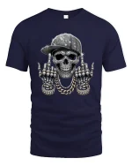 Bling Skull Street Style Graphic T Shirt - navy t-shirt on white background