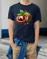 Realistic Chestnut Illustration Graphic T Shirt - model wearing navy tee with hands in pockets