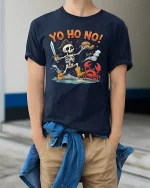 Yo Ho No Funny Pirate Skeleton T Shirt - model wearing navy tee with hands in pockets