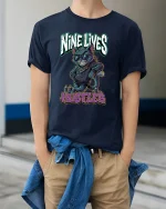 Nine Lives Hustler Cool Cat Graphic T Shirt - model wearing navy tee with hands in pockets