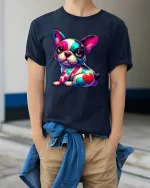Colorful French Bulldog Pop Art T Shirt - model wearing navy tee with hands in pockets
