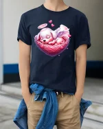 Angel Puppy Sleeping In Heart Nest T Shirt - model wearing navy tee with hands in pockets