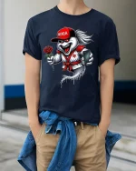 Funny Ninja Ghost With Rose Graphic T Shirt - model wearing navy tee with hands in pockets