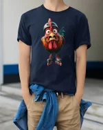 Funny Roller Skating Chicken Graphic T Shirt - model wearing navy tee with hands in pockets