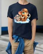 Cute Woolly Mammoth And Baby Cartoon T Shirt - model wearing navy tee with hands in pockets