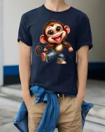 Happy Dancing Monkey Cartoon Graphic T Shirt - model wearing navy tee with hands in pockets