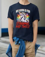 My Horn Is For Stabbing Bad Takes Unicorn T Shirt - model wearing navy tee with hands in pockets