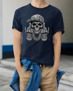 Bling Skull Street Style Graphic T Shirt - model wearing navy tee with hands in pockets
