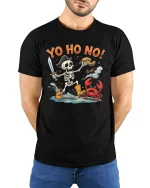 Yo Ho No Funny Pirate Skeleton T Shirt - model wearing black tee with hands behind back
