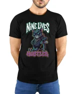 Nine Lives Hustler Cool Cat Graphic T Shirt - model wearing black tee with hands behind back