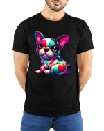Colorful French Bulldog Pop Art T Shirt - model wearing black tee with hands behind back