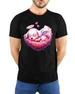 Angel Puppy Sleeping In Heart Nest T Shirt - model wearing black tee with hands behind back