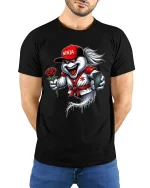 Funny Ninja Ghost With Rose Graphic T Shirt - model wearing black tee with hands behind back