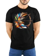 Colorful Feather Bow And Arrow Graphic T Shirt - model wearing black tee with hands behind back