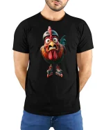 Funny Roller Skating Chicken Graphic T Shirt - model wearing black tee with hands behind back