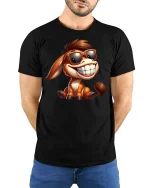 Cool Smiling Donkey With Sunglasses Graphic T Shirt - model wearing black tee with hands behind back
