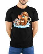 Cute Woolly Mammoth And Baby Cartoon T Shirt - model wearing black tee with hands behind back
