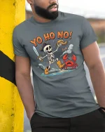 Yo Ho No Funny Pirate Skeleton T Shirt - model wearing grey tee, leaning on column