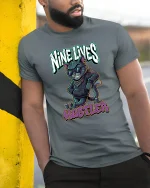 Nine Lives Hustler Cool Cat Graphic T Shirt - model wearing grey tee, leaning on column