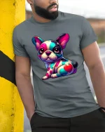 Colorful French Bulldog Pop Art T Shirt - model wearing grey tee, leaning on column
