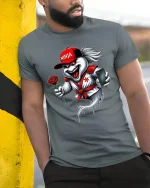 Funny Ninja Ghost With Rose Graphic T Shirt - model wearing grey tee, leaning on column