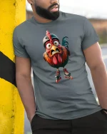 Funny Roller Skating Chicken Graphic T Shirt - model wearing grey tee, leaning on column