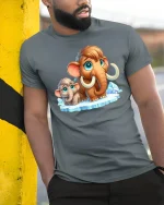 Cute Woolly Mammoth And Baby Cartoon T Shirt - model wearing grey tee, leaning on column