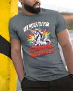 My Horn Is For Stabbing Bad Takes Unicorn T Shirt - model wearing grey tee, leaning on column
