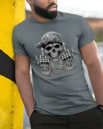 Bling Skull Street Style Graphic T Shirt - model wearing grey tee, leaning on column