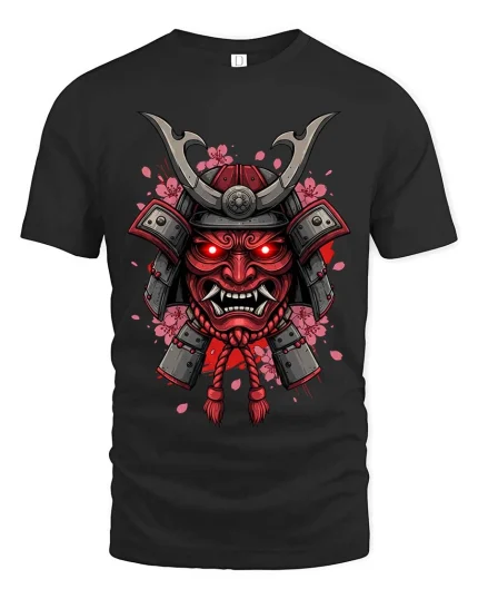 Samurai Oni Mask Japanese Warrior Graphic T-Shirt - black t-shirt on white background
