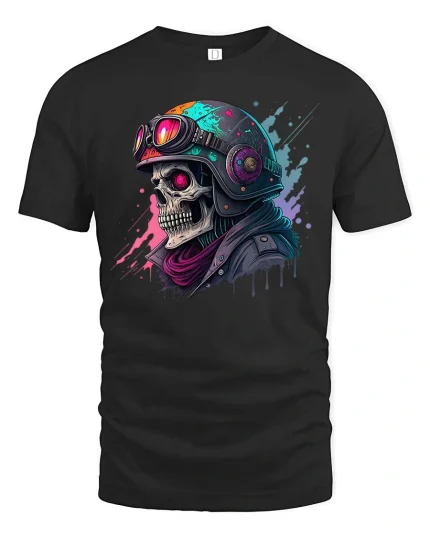 Neon Skull Biker Graphic T-Shirt - black t-shirt on white background