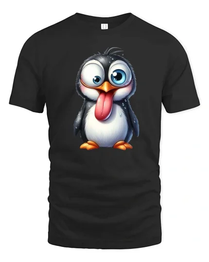 Funny Goofy Penguin Cartoon Graphic T-Shirt - black t-shirt on white background