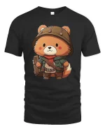 Cute Explorer Bear Cartoon Graphic T-Shirt - black t-shirt on white background