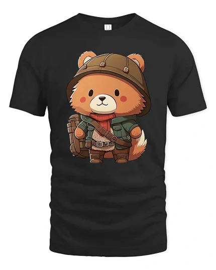 Cute Explorer Bear Cartoon Graphic T-Shirt - black t-shirt on white background