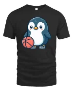 Cute Penguin Basketball Cartoon Graphic T-Shirt - black t-shirt on white background