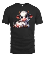 Cute Grumpy Cow Cartoon Graphic T-Shirt - black t-shirt on white background