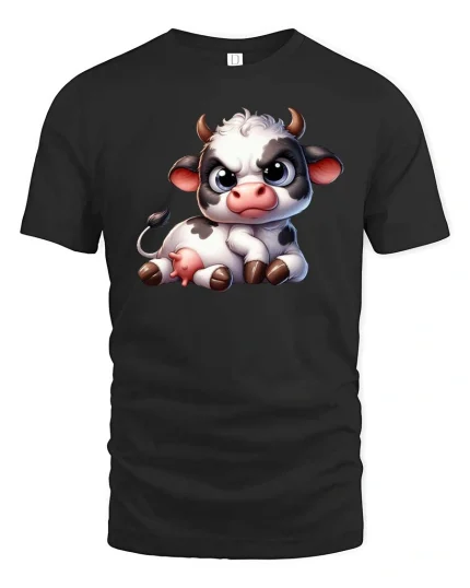 Cute Grumpy Cow Cartoon Graphic T-Shirt - black t-shirt on white background