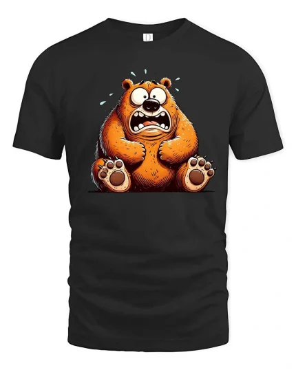 Funny Scared Bear Cartoon Graphic T-Shirt - black t-shirt on white background