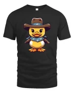 Cute Cowboy Duck Cartoon Graphic T-Shirt - black t-shirt on white background