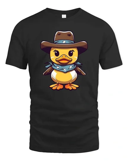 Cute Cowboy Duck Cartoon Graphic T-Shirt - black t-shirt on white background