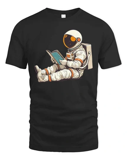 Reading Astronaut Space Graphic T-Shirt - black t-shirt on white background